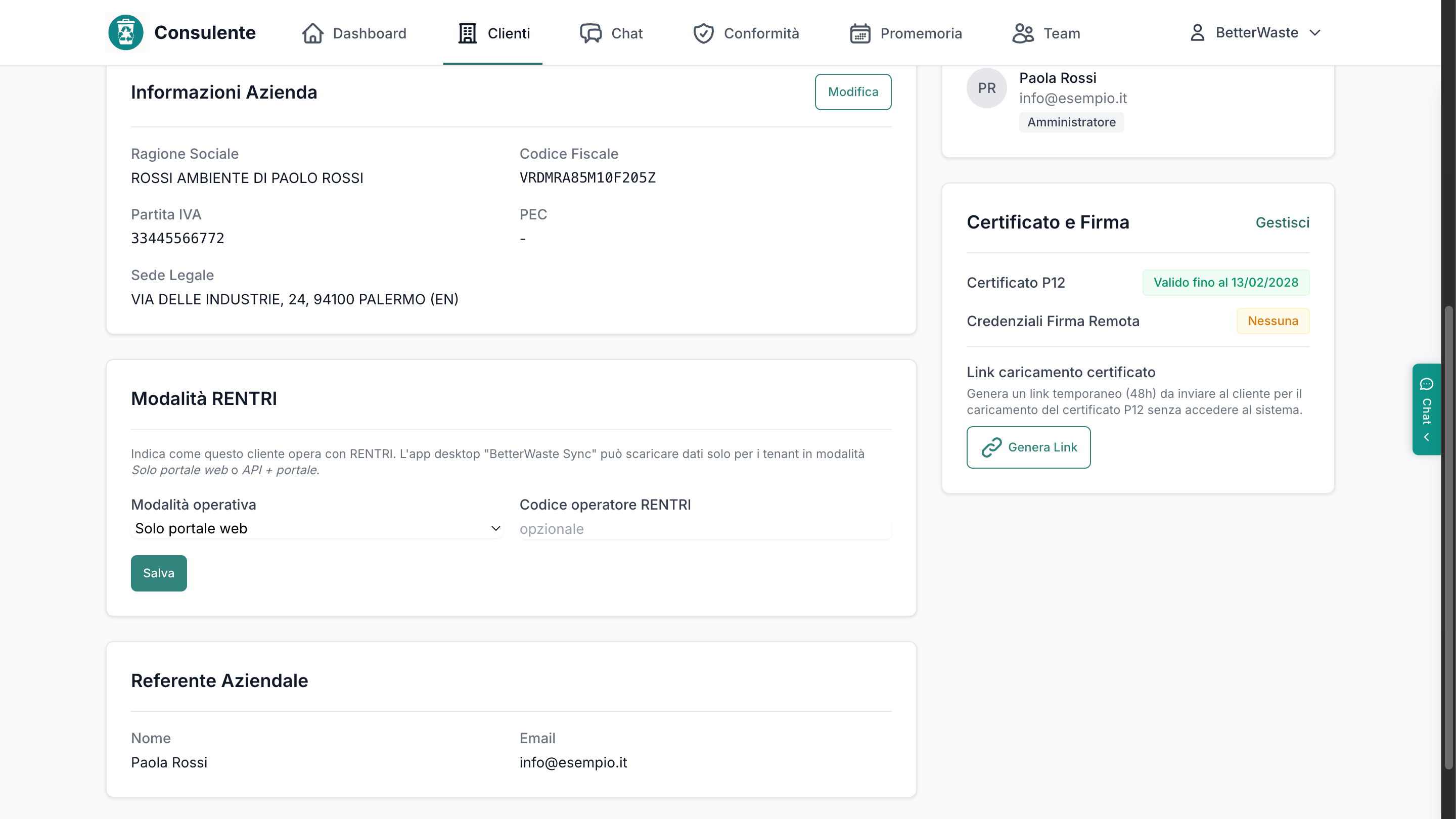 Dettaglio cliente con card Certificato e Firma