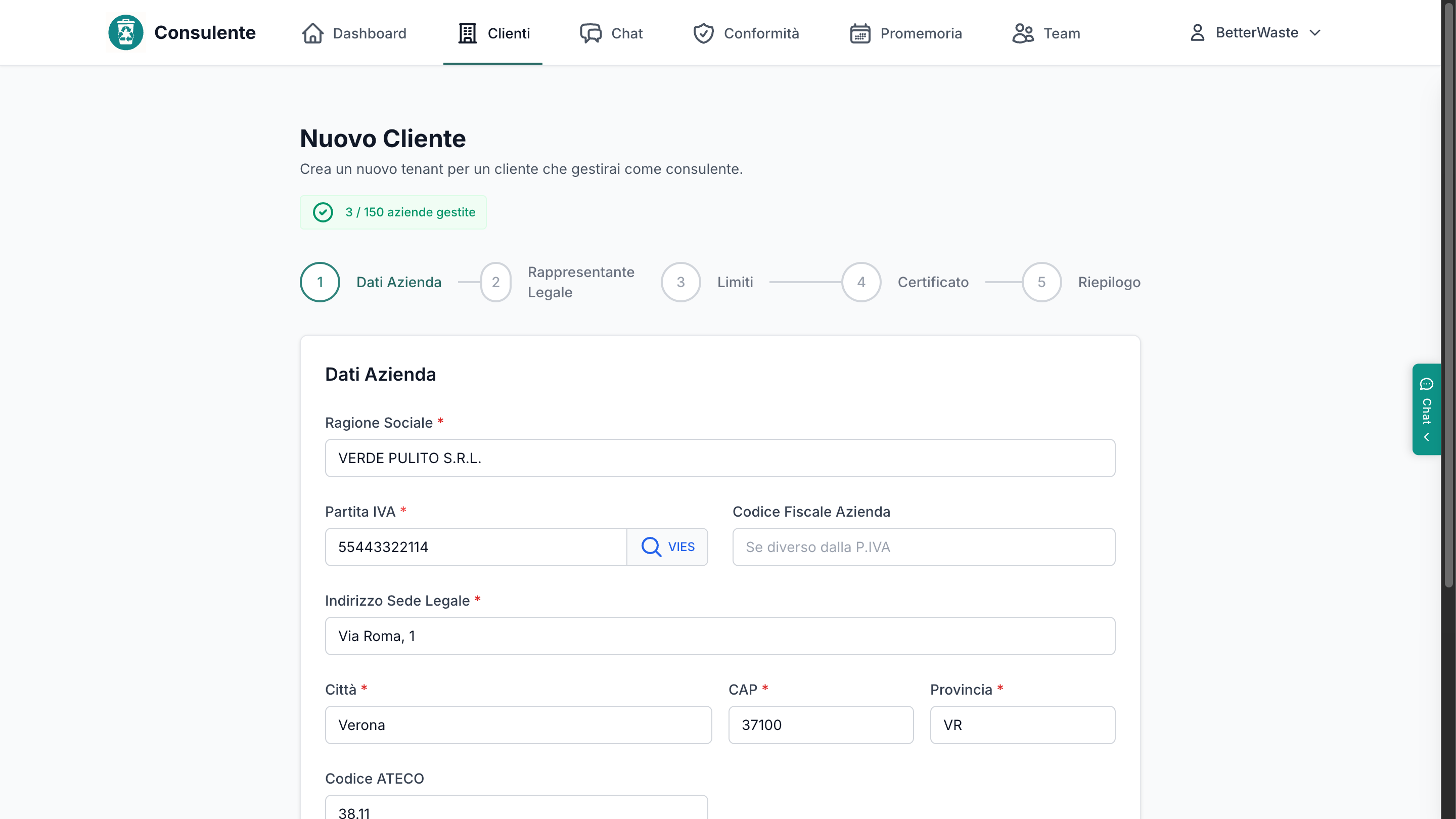 Wizard Nuovo Cliente, step Dati Azienda